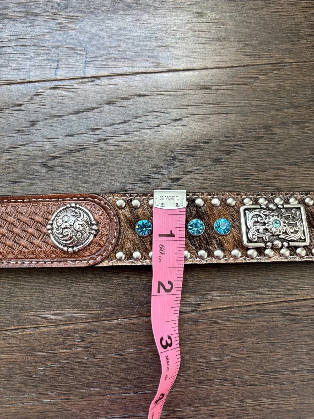 Nocona Genuine Tooled Leather,Hair on hide, Concho,blue stones,silvertone buckle